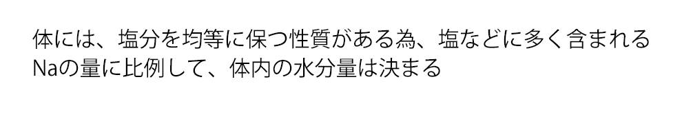 体には、塩分を均等に保つ性質がある為、塩などに多く含まれるNaの量に比例して、体内の水分量が決まる